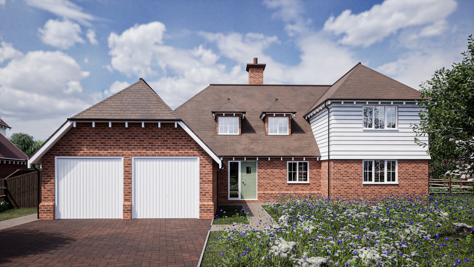 A newly built brick house with a garage and a young tree in the front garden