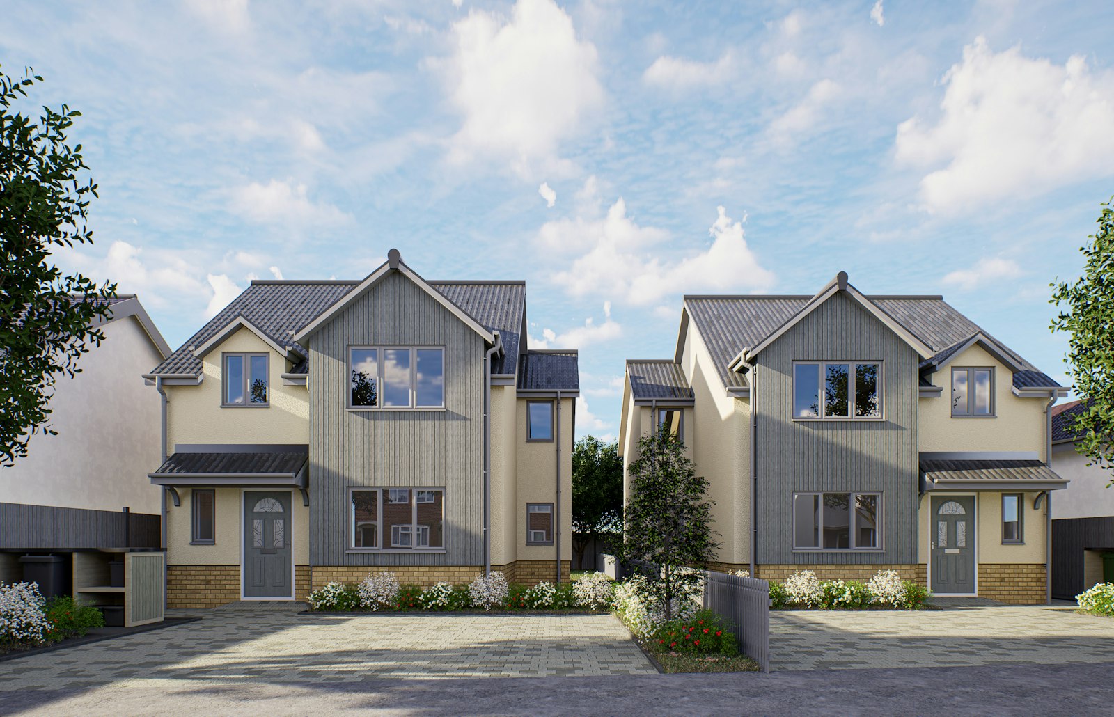A new brick and render house on a quiet close, with a young tree at the front